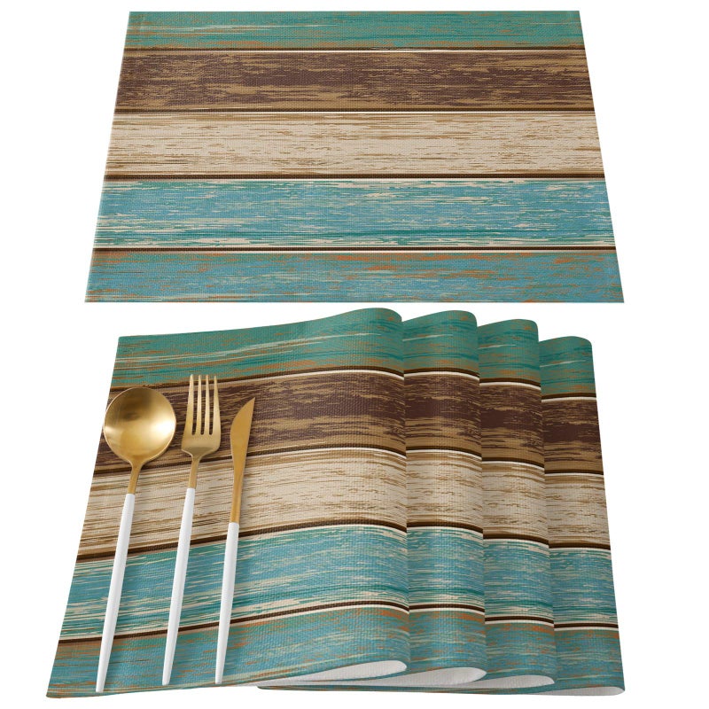 Vandarllin Placemats Set of 6, Retro Rustic Wood Texture Polyester Stain Resistant Table Mats Washable Placemat Decoration for Kitchen Dining Table Teal Green Brown - Image 1